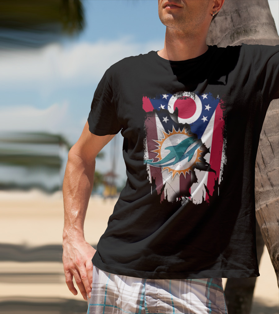 Ohio Flag Torn To Reveal Dolphins Logo Fusion T-Shirt