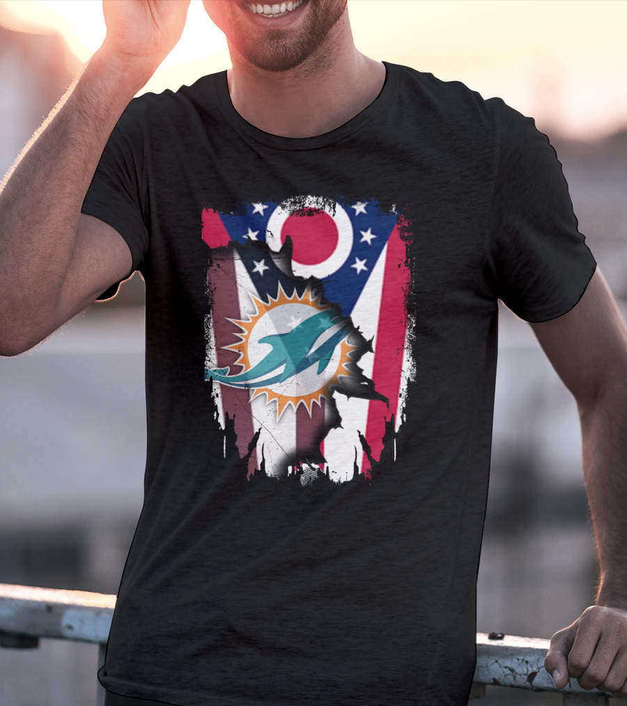 Ohio Flag Torn To Reveal Dolphins Logo Fusion T-Shirt