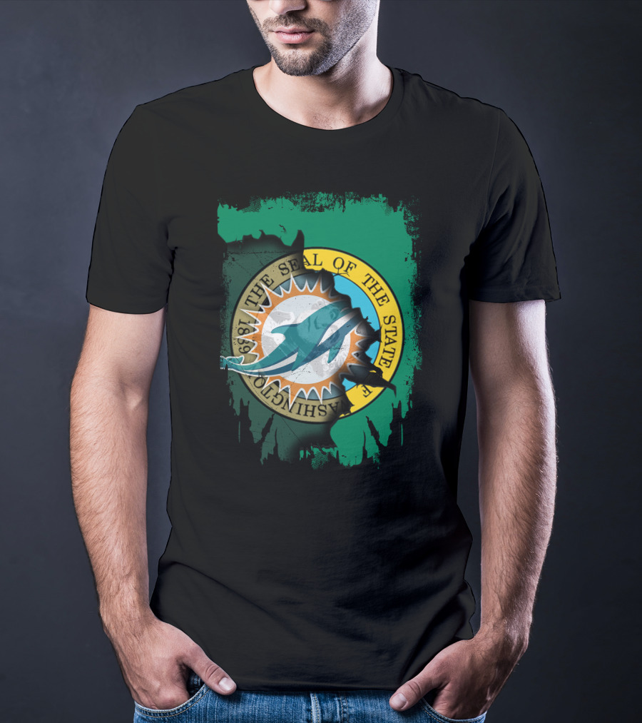 The Seal Of The State Of Washington Dolphins Logo Fusion T-Shirt