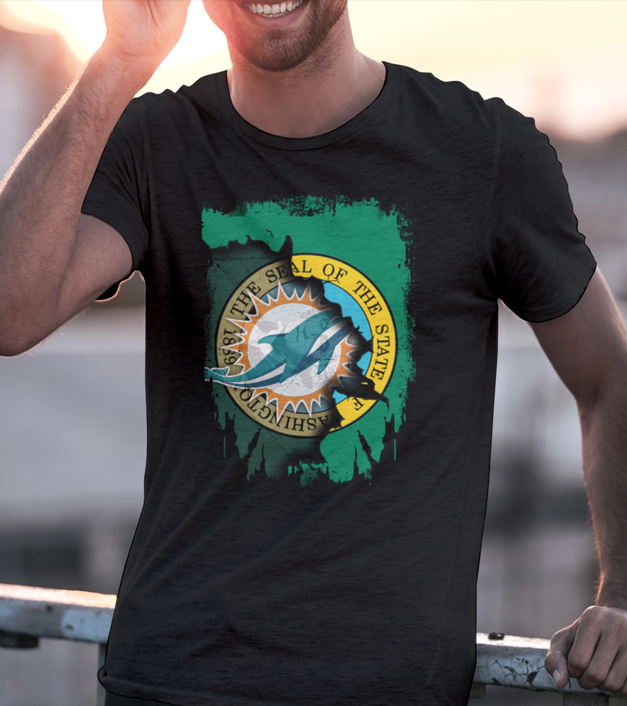 The Seal Of The State Of Washington Dolphins Logo Fusion T-Shirt