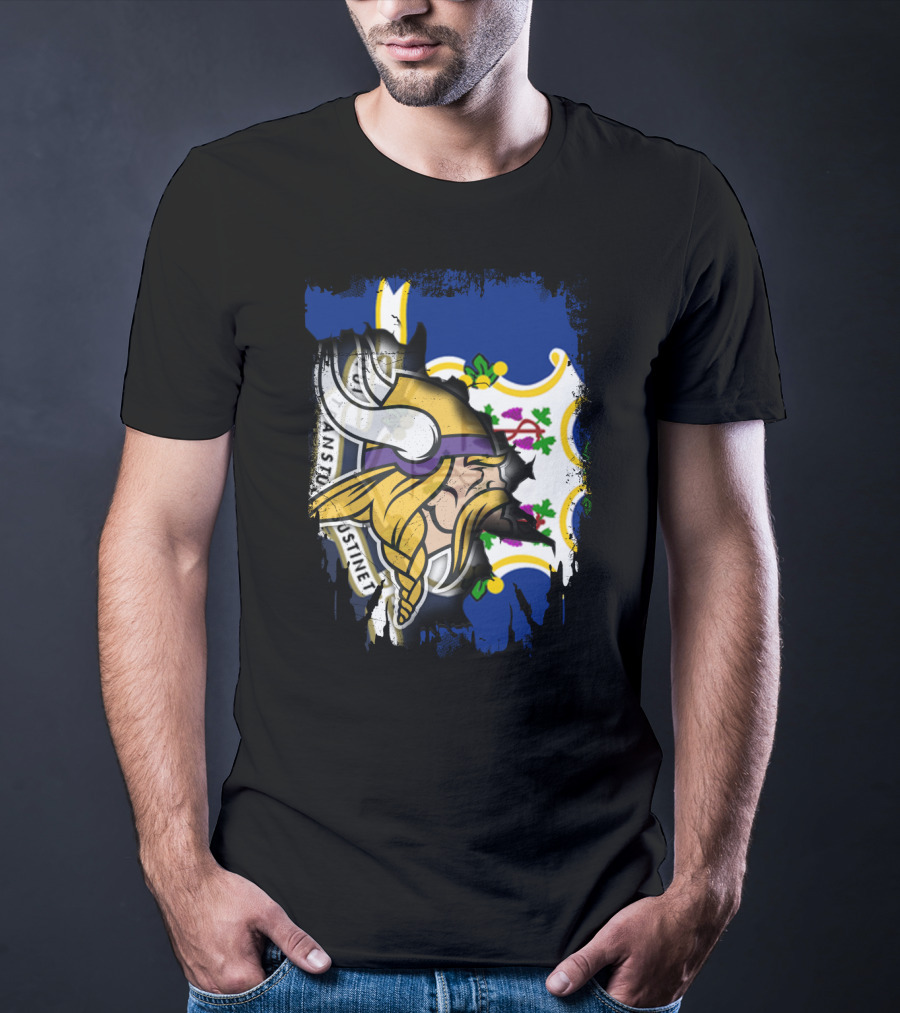 Connecticut State Flag Blended With Vikings Football Team T-Shirt