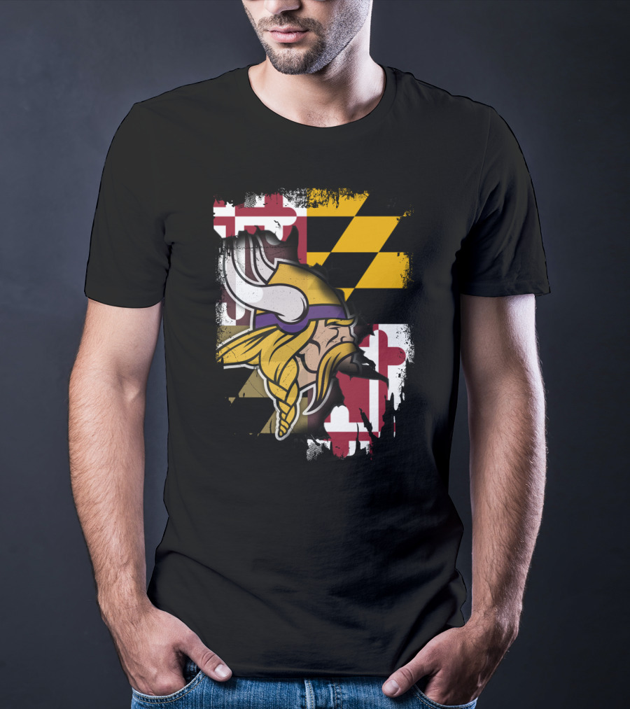 Vikings Helmet Art With Maryland Flag Background T-Shirt