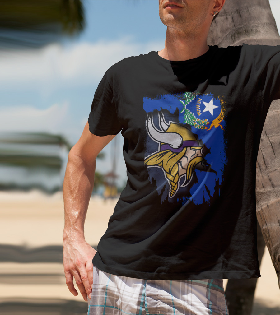 Nevada State Flag Meets Vikings Helmet Emblem T-Shirt