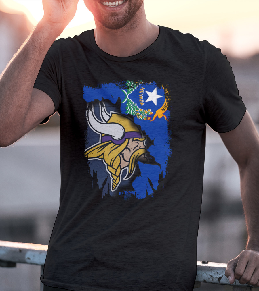 Nevada State Flag Meets Vikings Helmet Emblem T-Shirt
