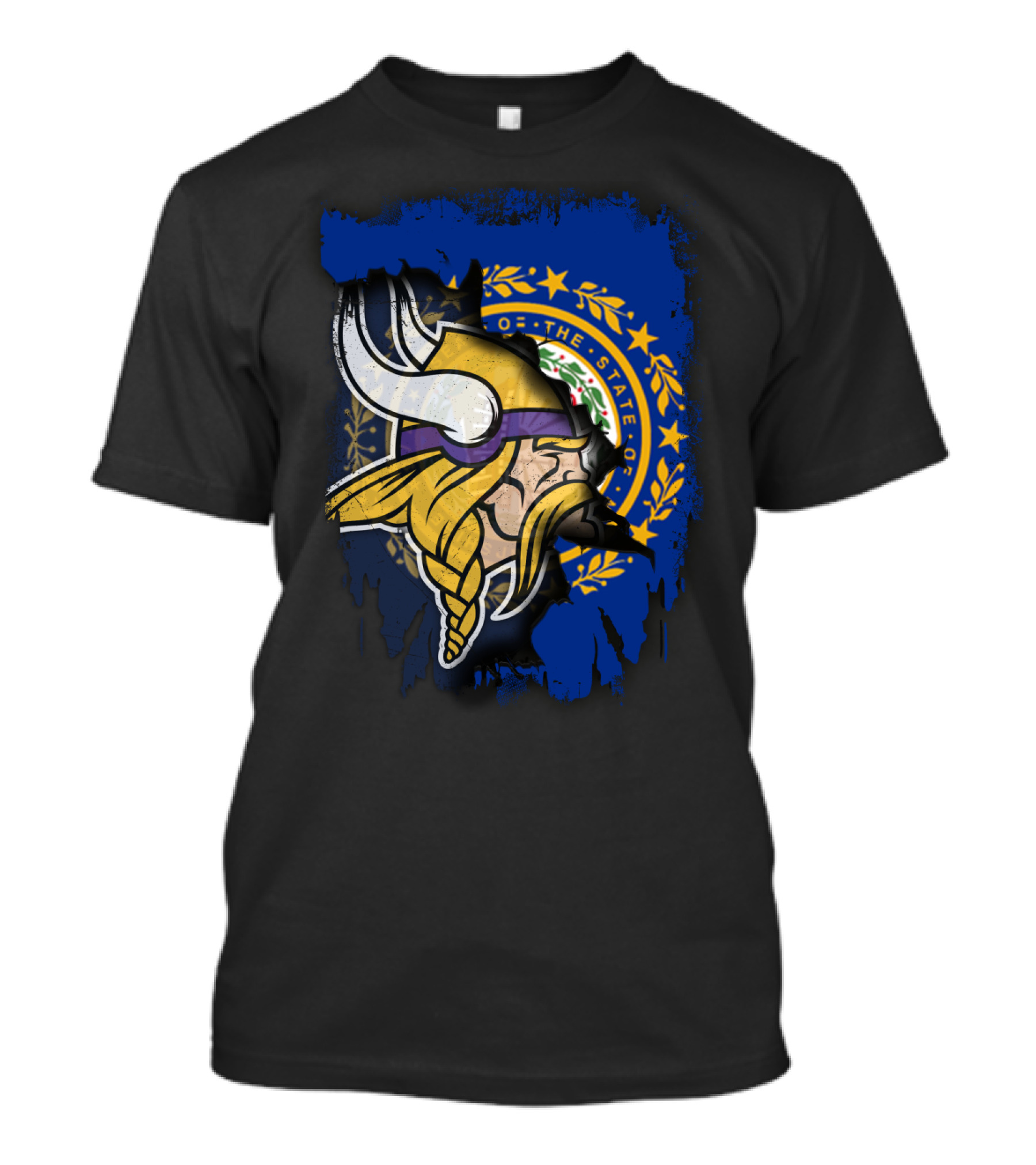New Hampshire State Seal Overlay With Viking Helmet And Braided Beard T-Shirt