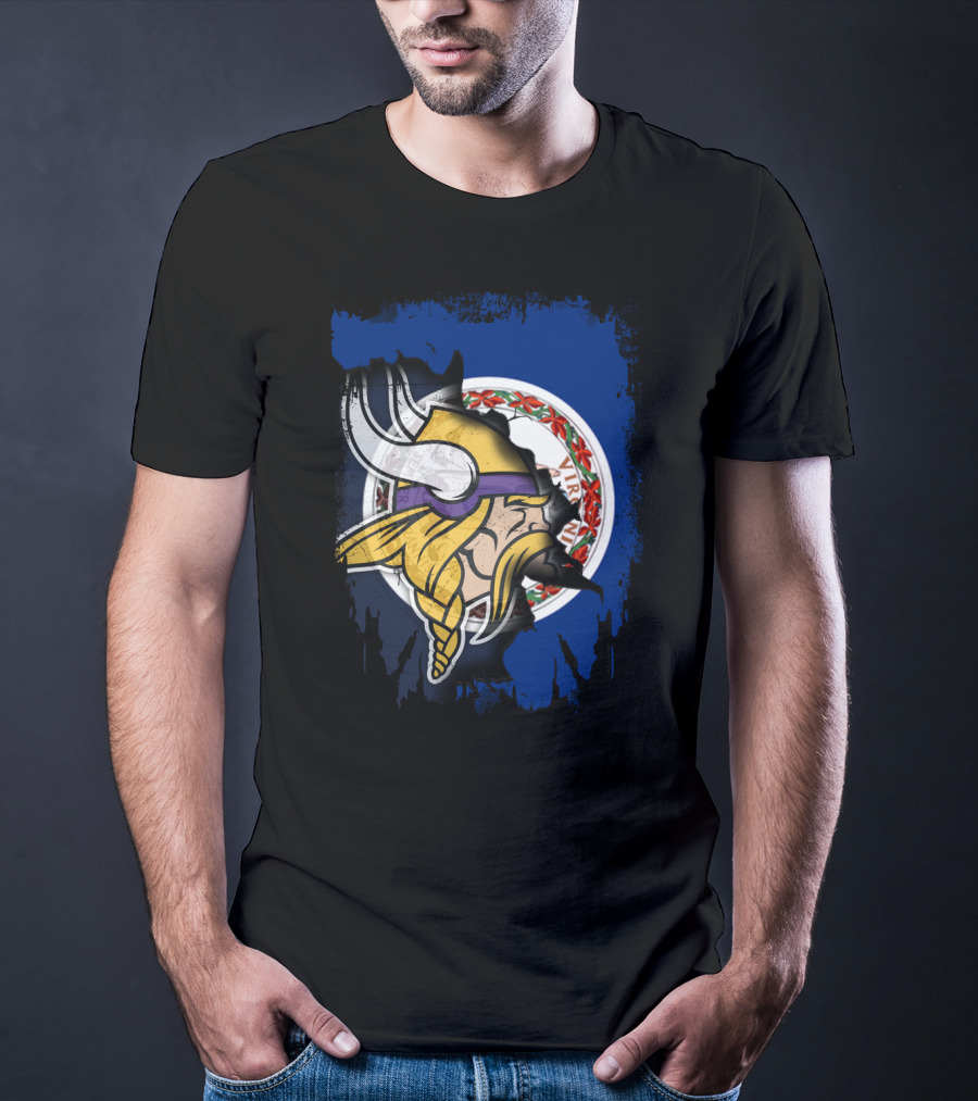 Virginia State Flag With Vikings Helmet Fusion T-Shirt