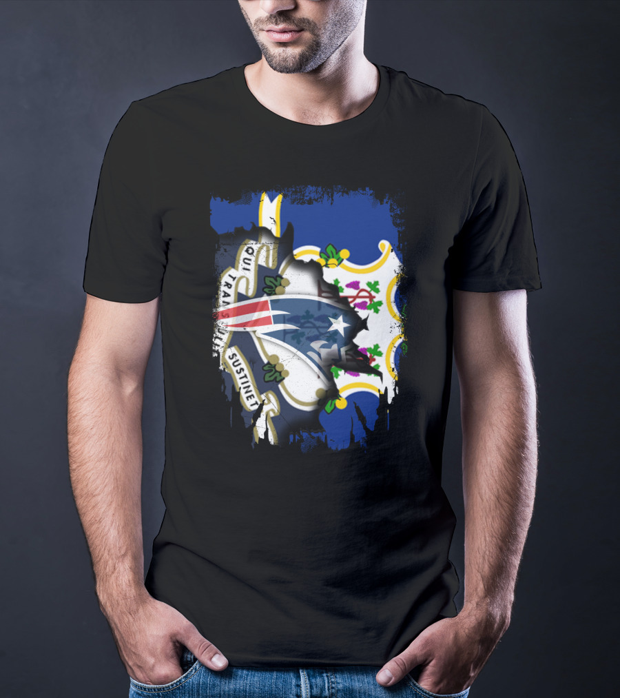 Connecticut State Flag With Patriots Logo And Qui Transtulit Sustinet T-Shirt