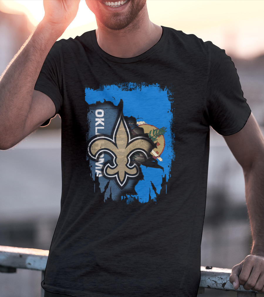 Oklahoma State Flag With New Orleans Saints Fleur-de-Lis T-Shirt