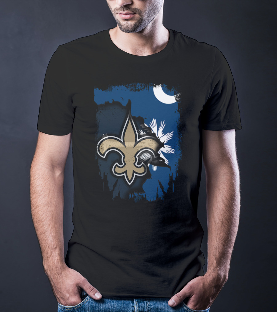 Together South Carolina With New Orleans Saints Fleur-De-Lis Moon Palmetto Tree T-Shirt