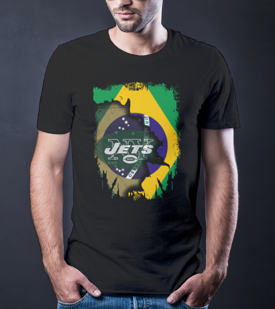 Brazilian Flag Meets New York Jets Logo Fusion T-Shirt