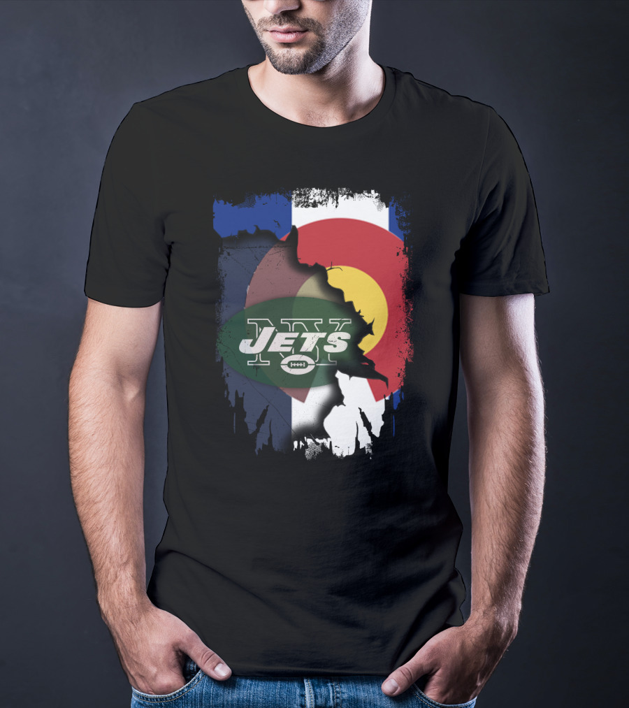 Colorado State Flag With Jets Football Logo In Torn T-Shirt
