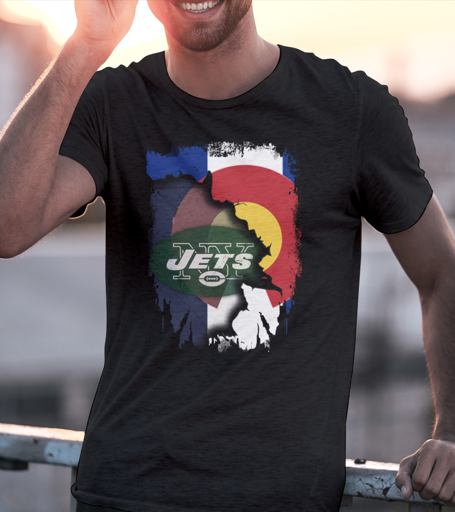 Colorado State Flag With Jets Football Logo In Torn T-Shirt