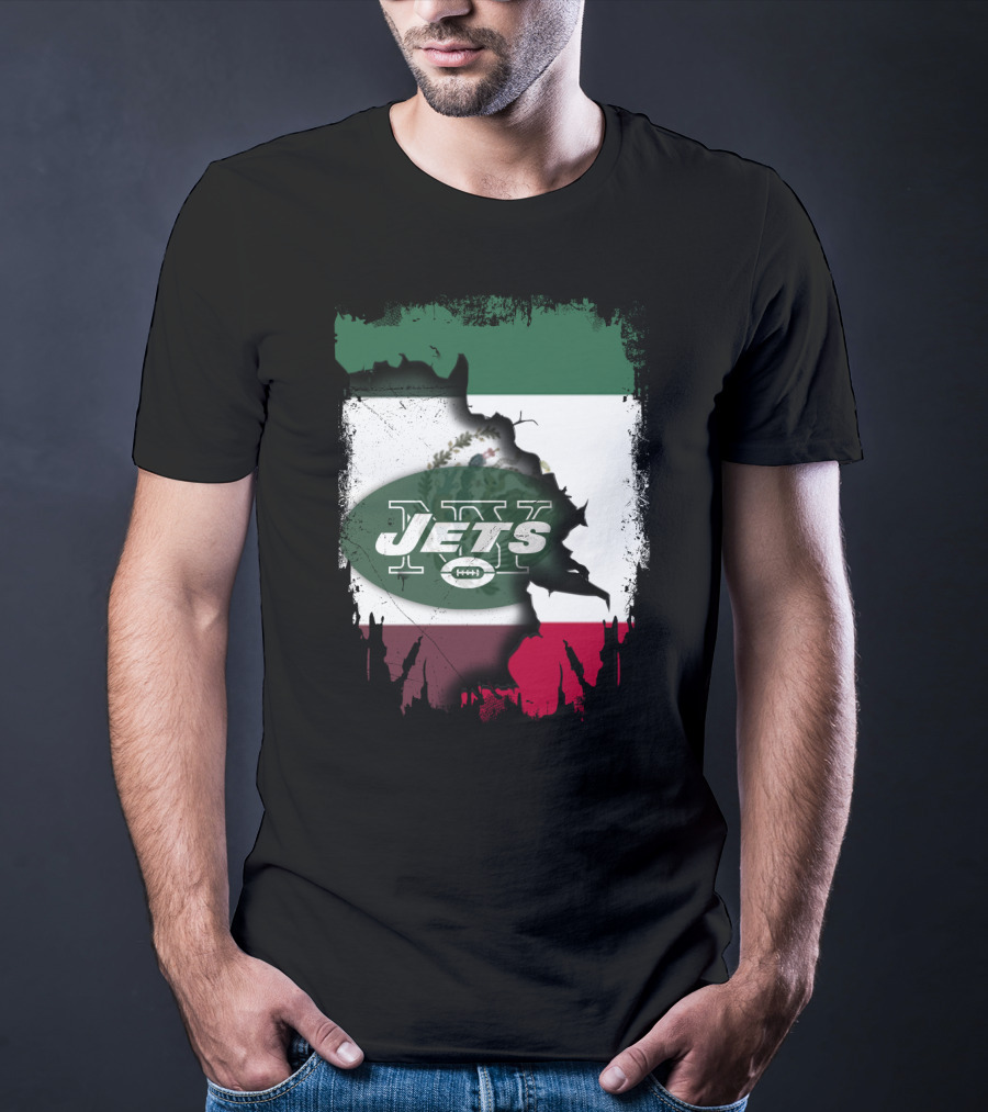 Mexico Flag Background With NY Jets Logo And Aztec Eagle T-Shirt