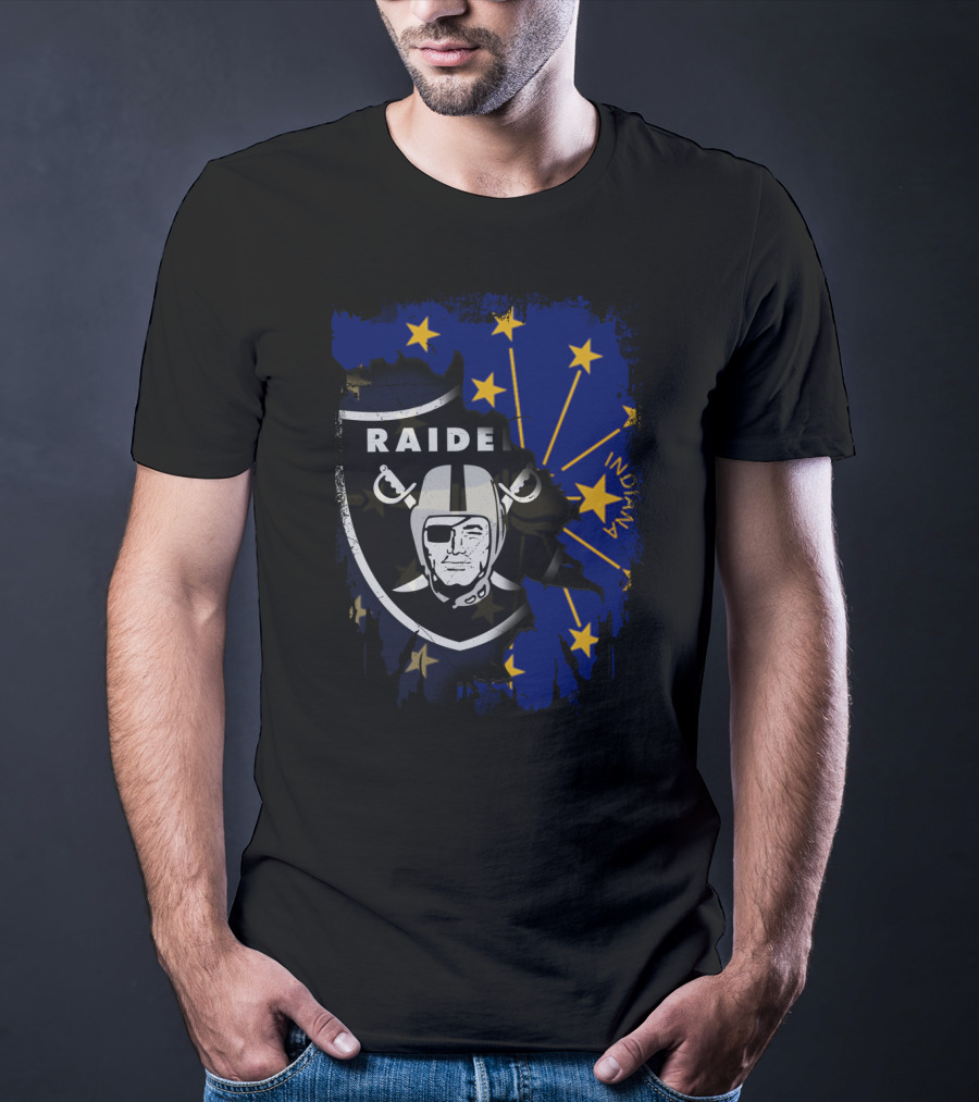 Raiders Logo Overlay On Indiana State Flag With Stars And Helmet T-Shirt