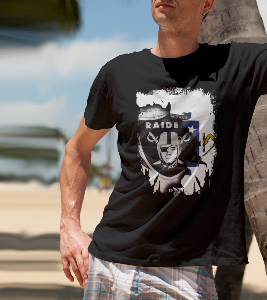 Massachusetts State Flag And Raiders Logo Fusion T-Shirt
