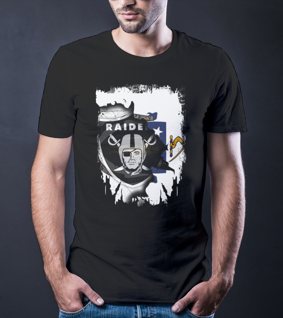 Massachusetts State Flag And Raiders Logo Fusion T-Shirt