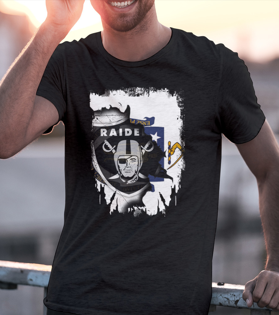 Massachusetts State Flag And Raiders Logo Fusion T-Shirt