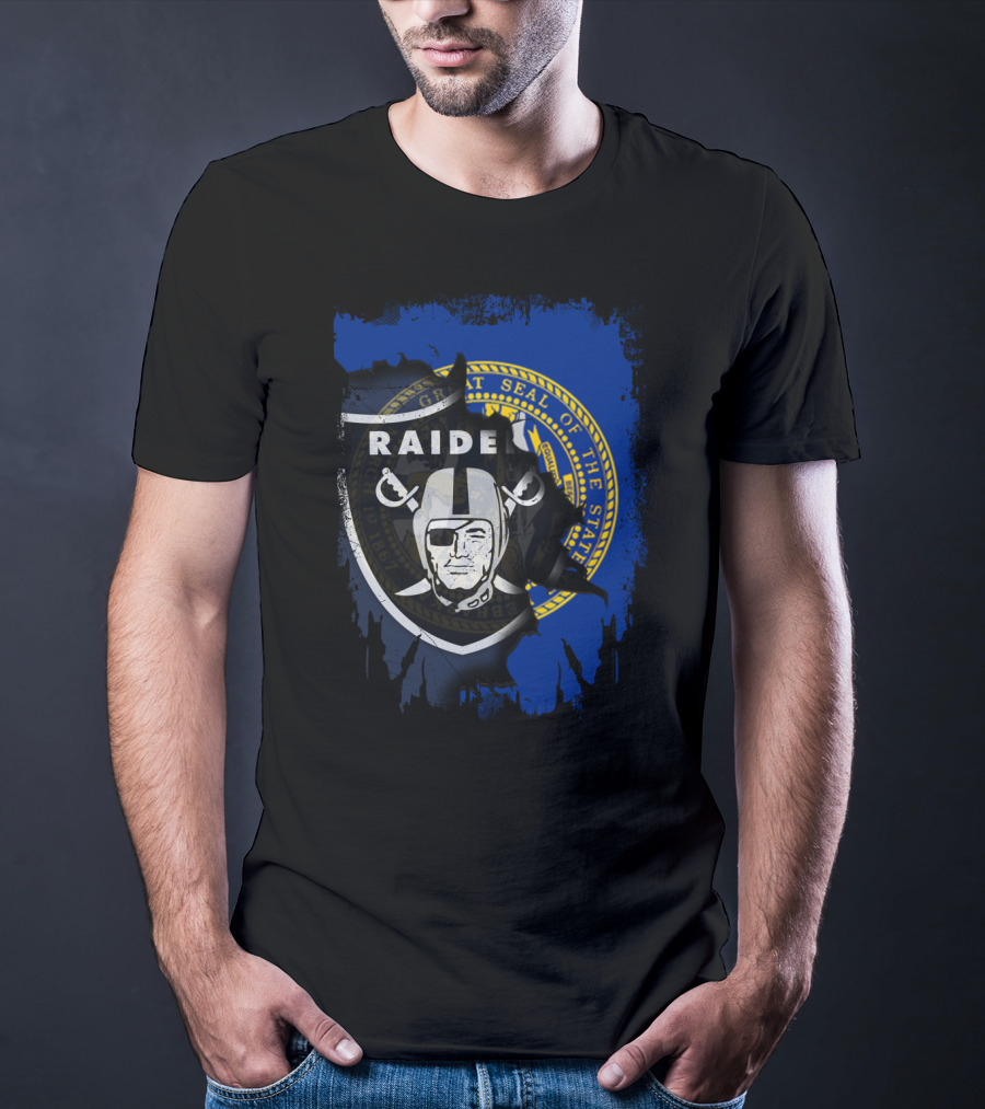 Nebraska State Seal Behind Raiders Logo Together T-Shirt