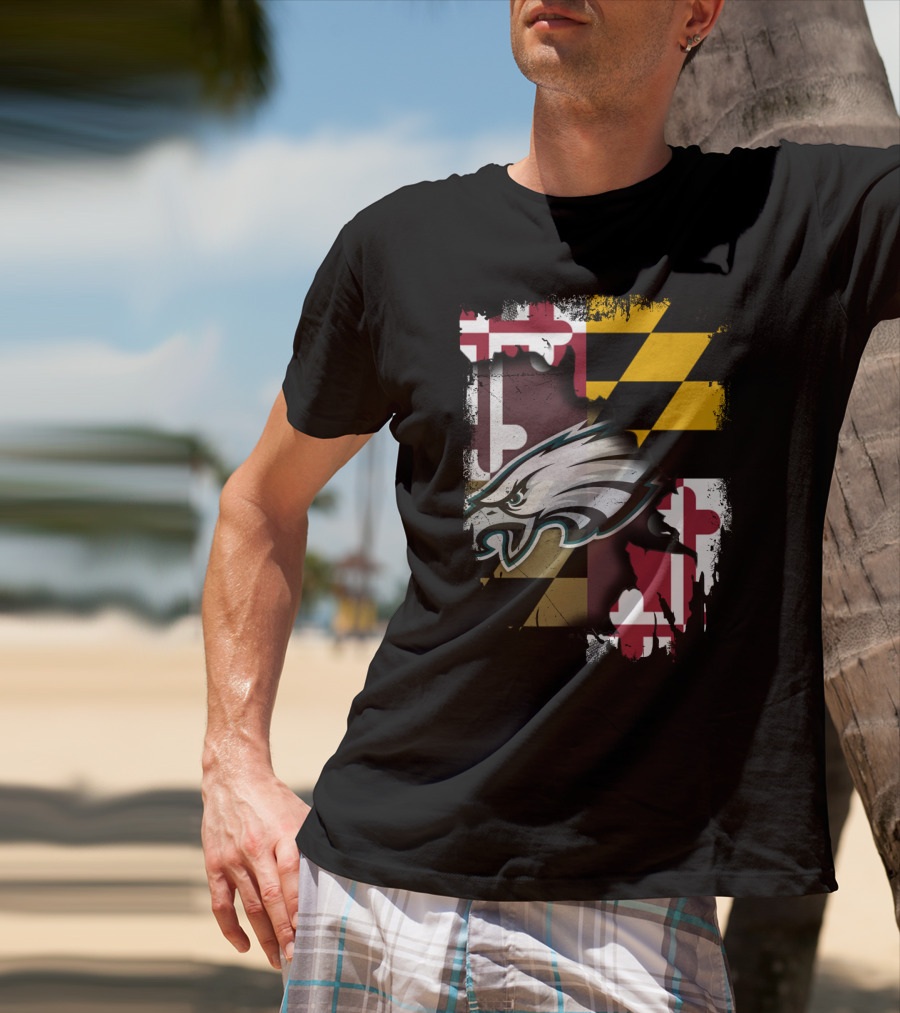Maryland Pride Together With Eagles Logo Over State Flag T-Shirt