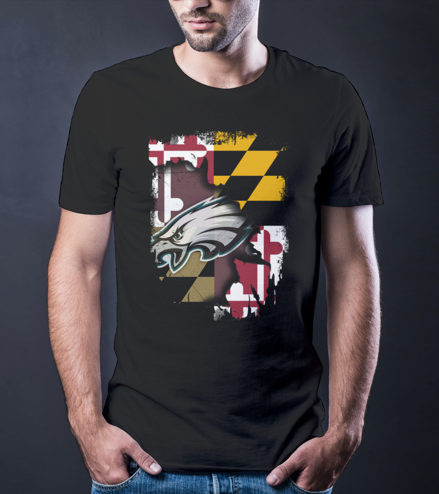 Maryland Pride Together With Eagles Logo Over State Flag T-Shirt