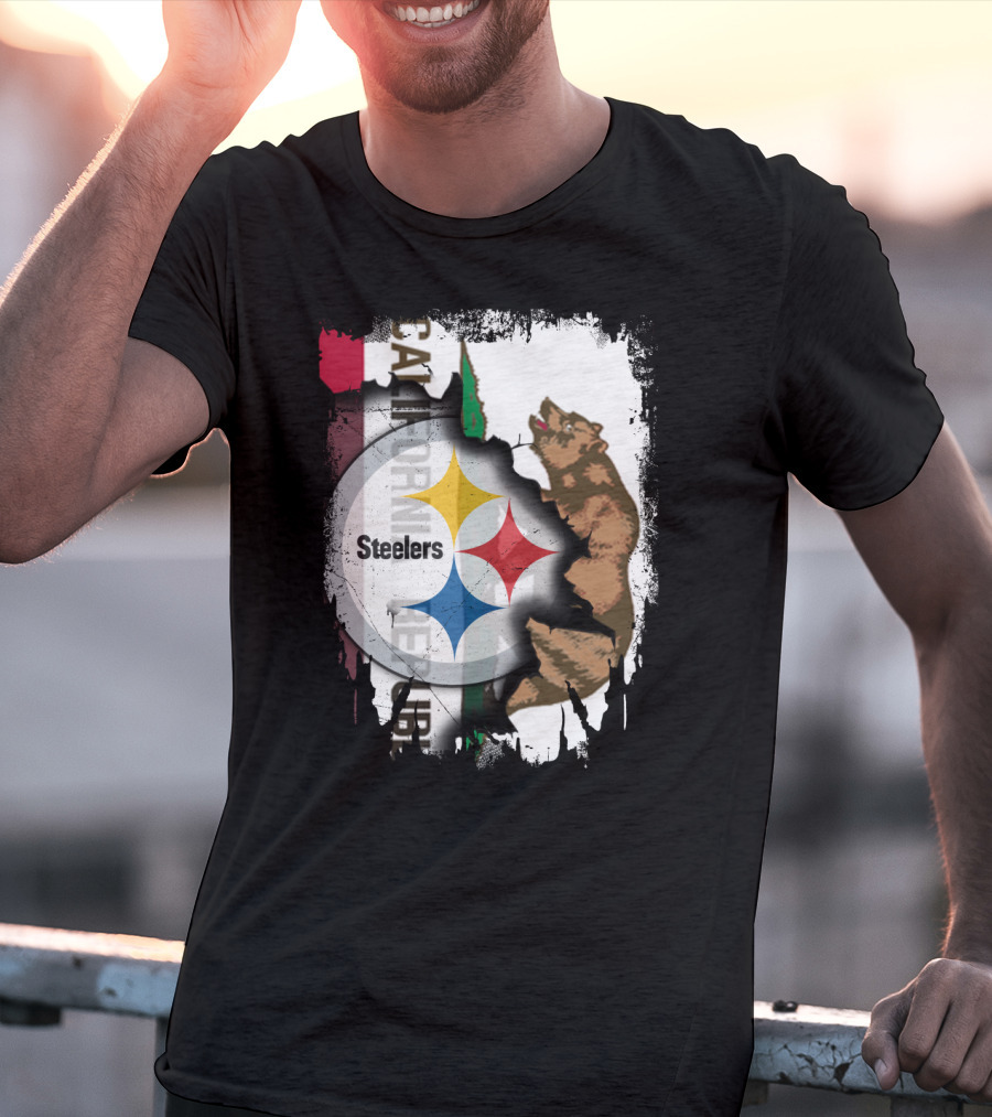 California Bear With Steelers Logo Fusion T-Shirt