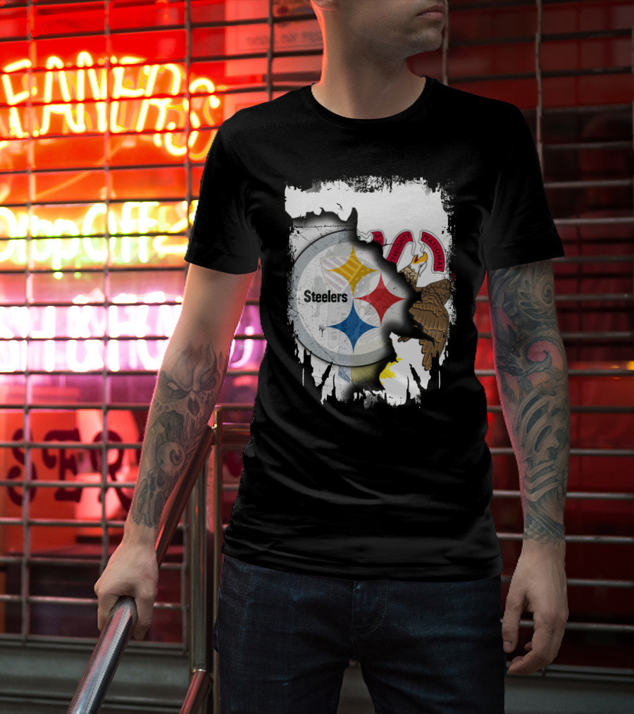 Illinois And Steelers Unity Emblem With State Symbols And NFL T-Shirt
