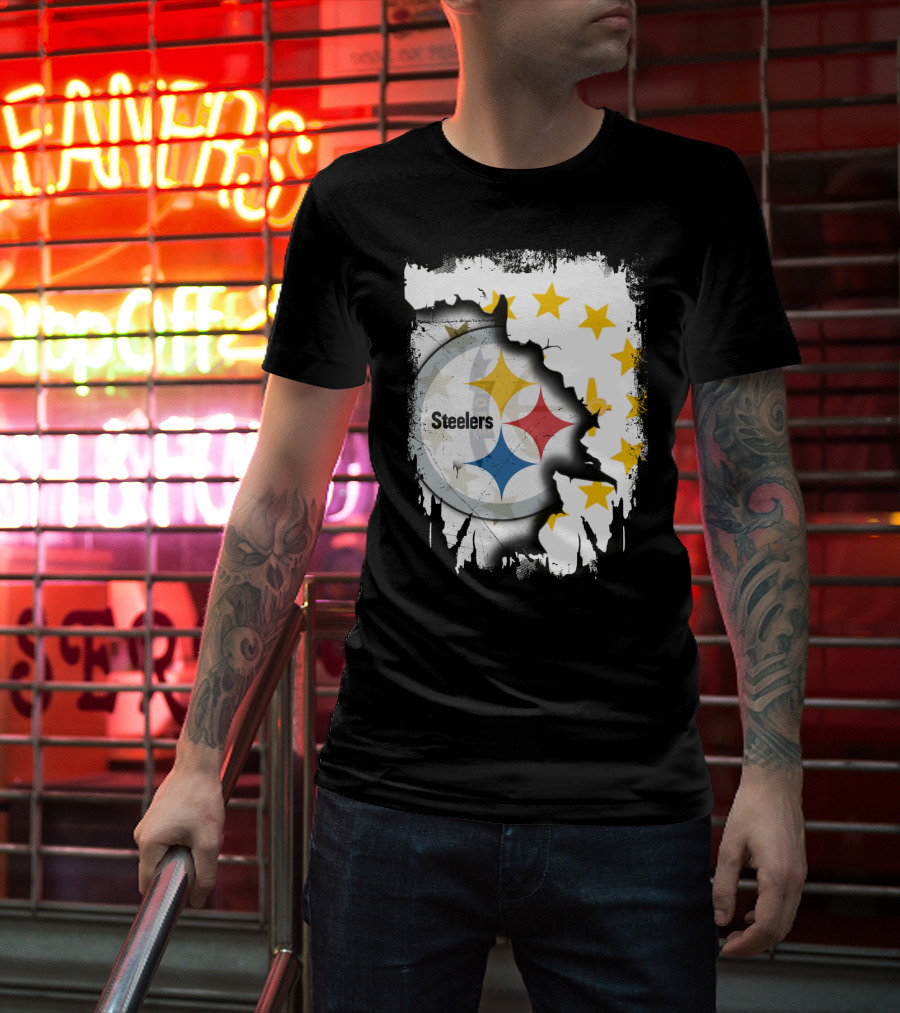 Steelers Logo With Rhode Island Stars And Torn Effect T-Shirt