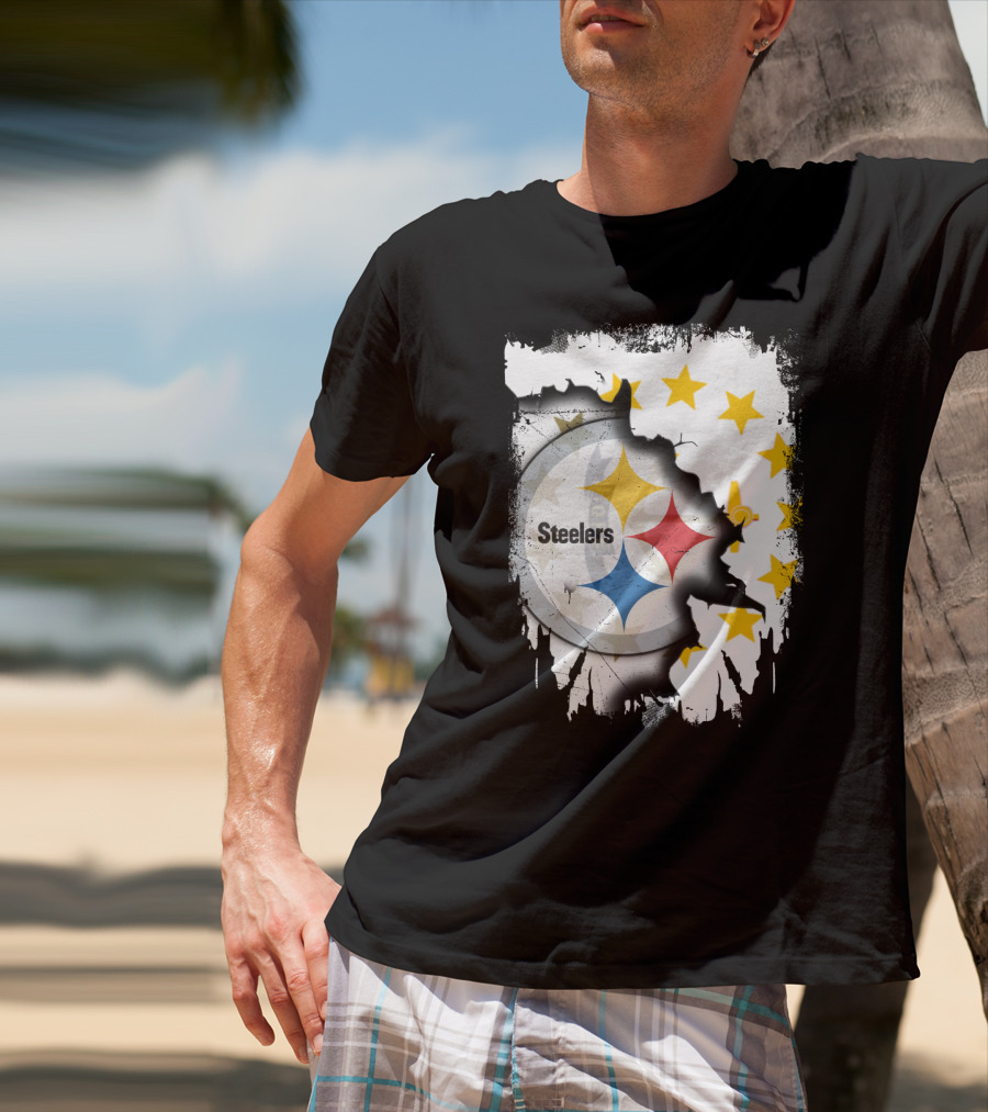Steelers Logo With Rhode Island Stars And Torn Effect T-Shirt