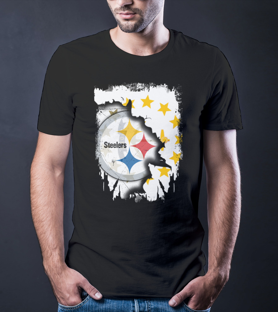 Steelers Logo With Rhode Island Stars And Torn Effect T-Shirt