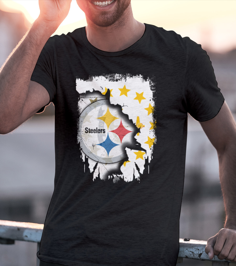 Steelers Logo With Rhode Island Stars And Torn Effect T-Shirt