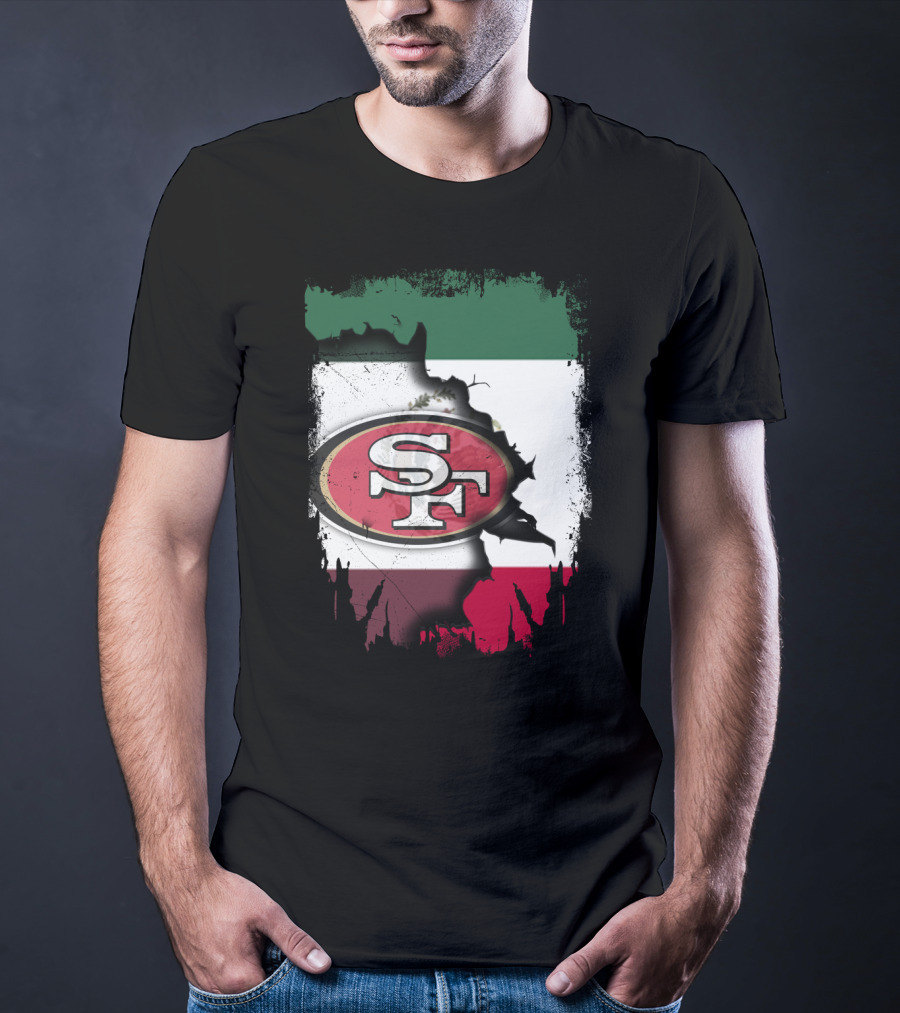 Together Mexico With 49ers SF Logo Mexican Flag Background T-Shirt