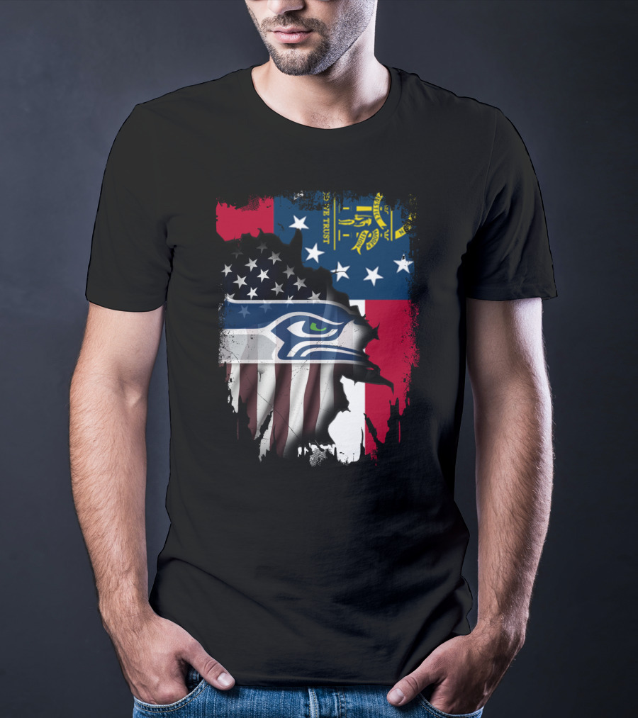Georgia State Flag With Seahawks Logo And American Flag Elements T-Shirt