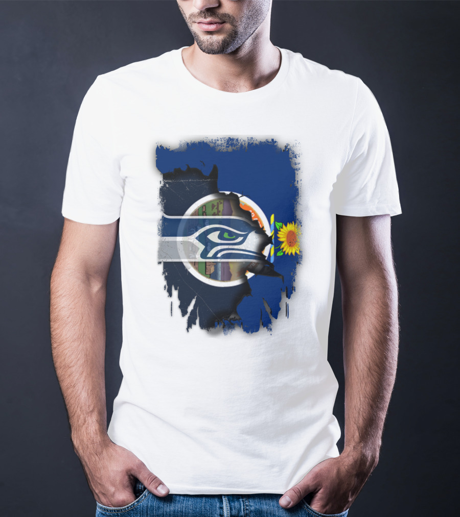 Kansas With Seahawks Heart And Sunflower Emblem T-Shirt