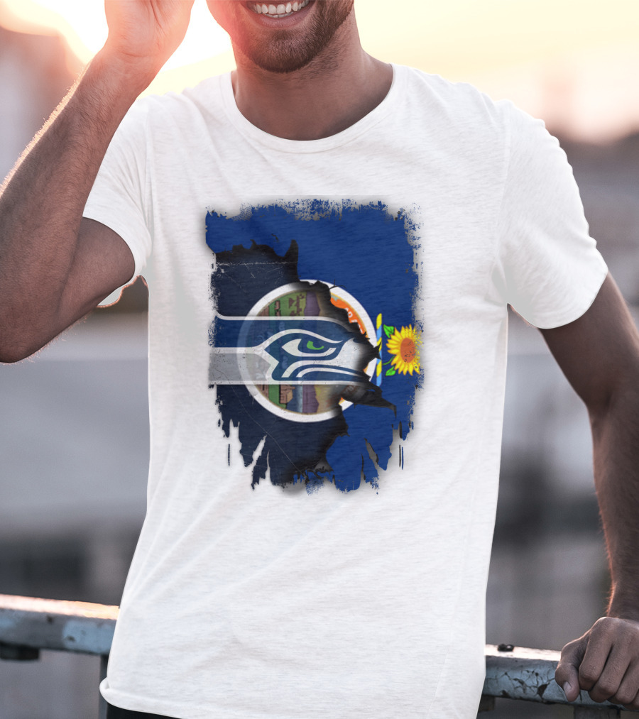 Kansas With Seahawks Heart And Sunflower Emblem T-Shirt