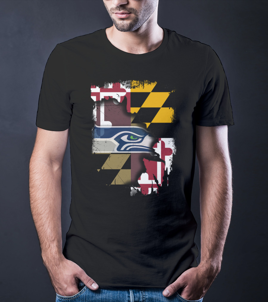 Maryland Flag And Seahawks Logo Blend T-Shirt