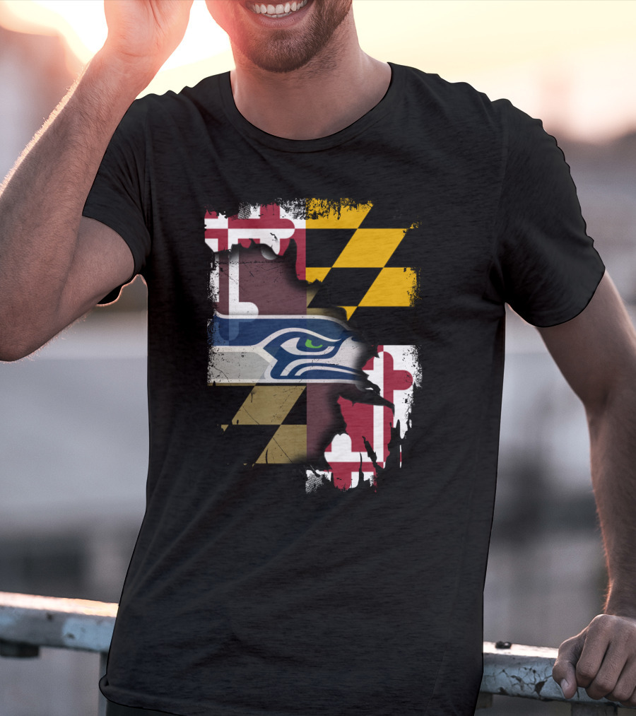 Maryland Flag And Seahawks Logo Blend T-Shirt