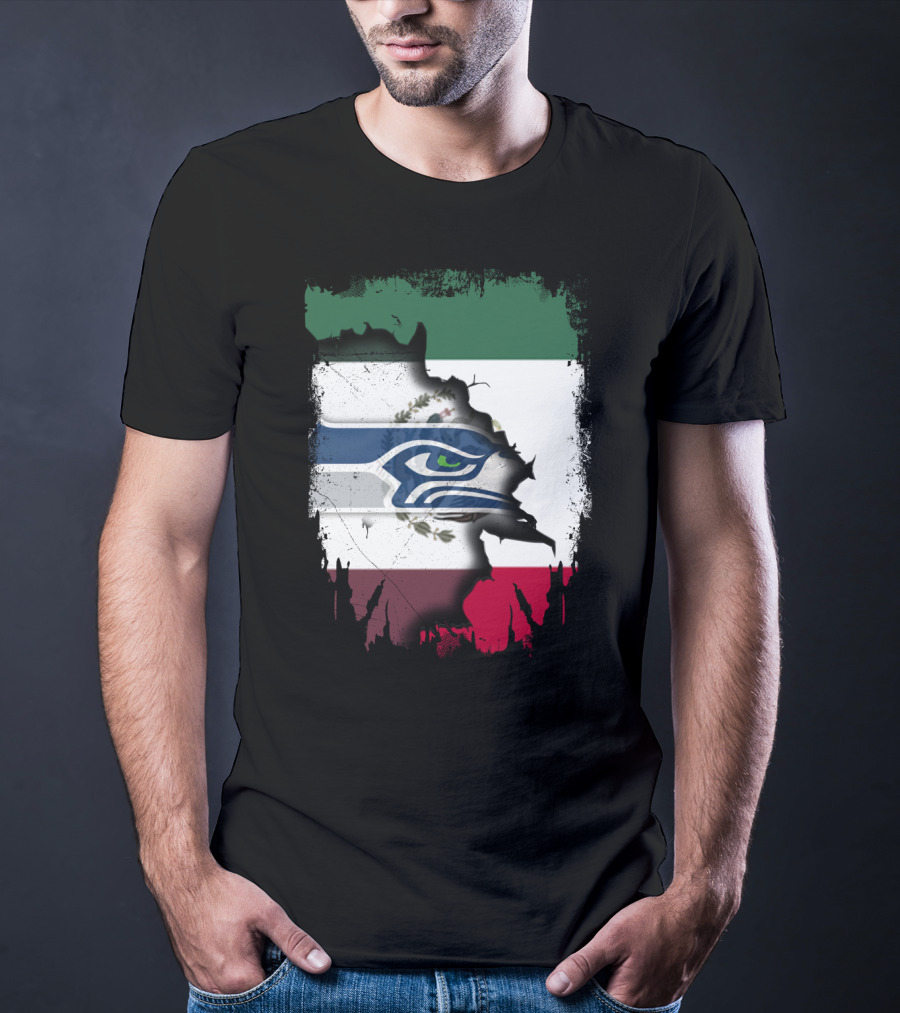 Mexico And Seahawks United With Flag And Logo Overlay T-Shirt