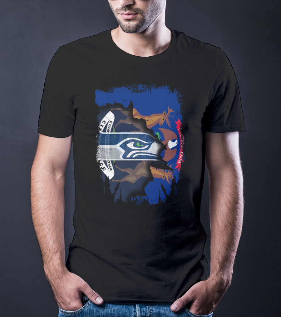 Seahawks Logo With Ripped Michigan Flag Background T-Shirt