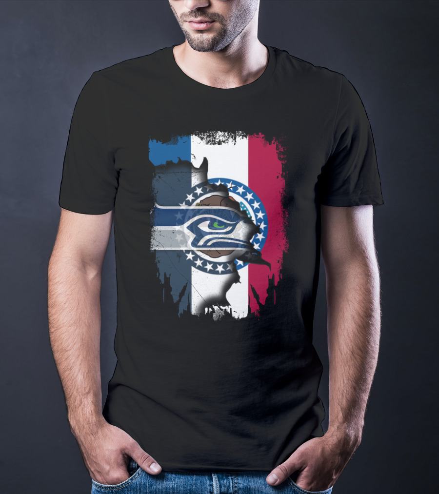 Missouri Flag With Seahawks Logo Fusion T-Shirt