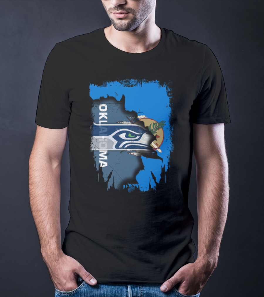 Oklahoma Flag With Seattle Seahawks Logo Fusion T-Shirt