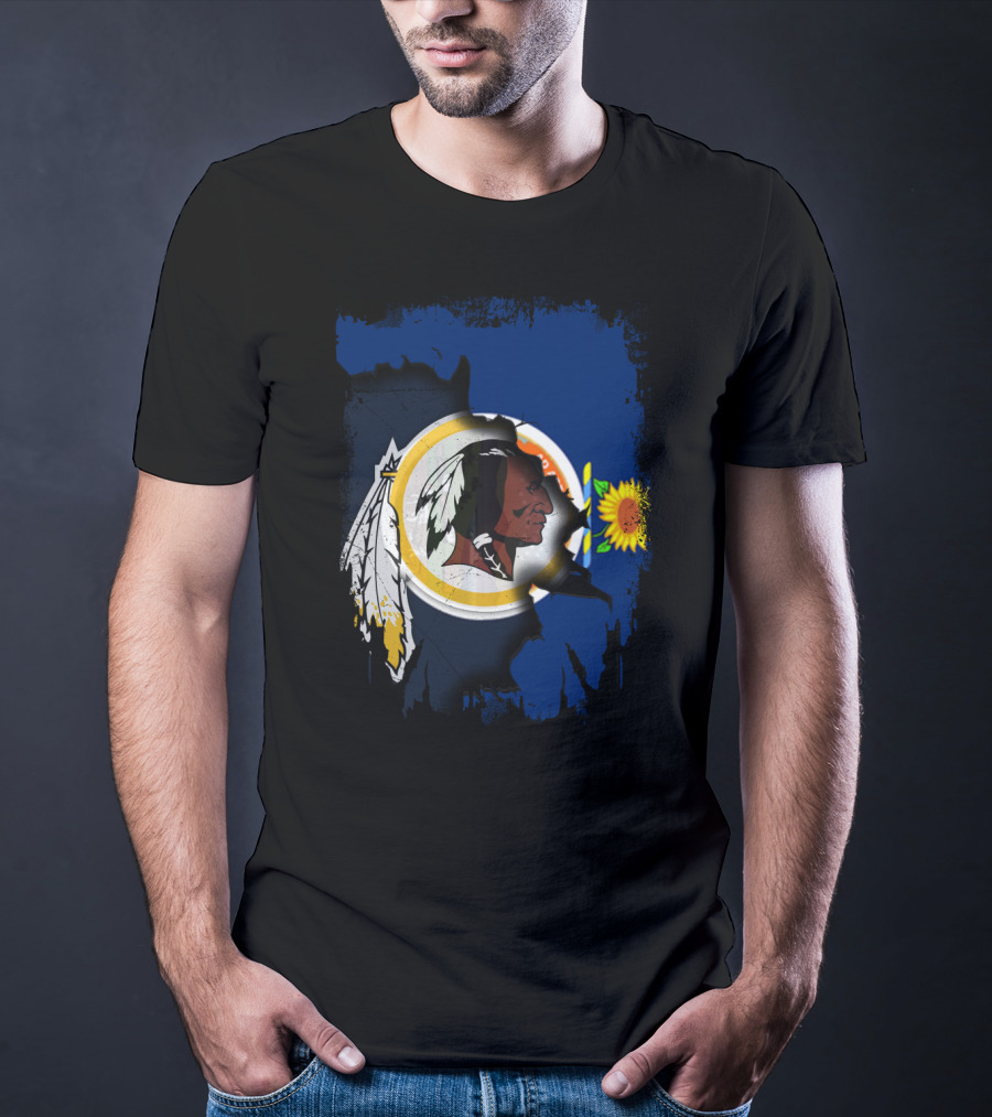 Kansas Map With Redskins Logo And Sunflower Symbol T-Shirt