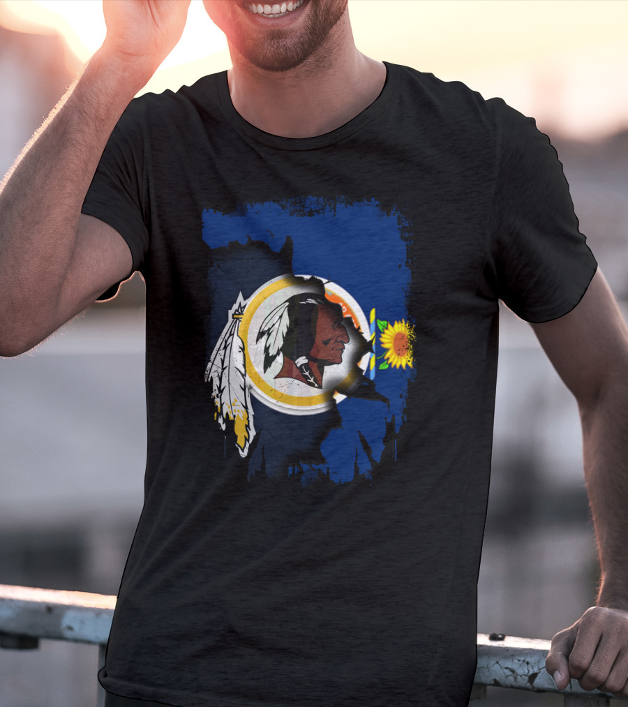 Kansas Map With Redskins Logo And Sunflower Symbol T-Shirt