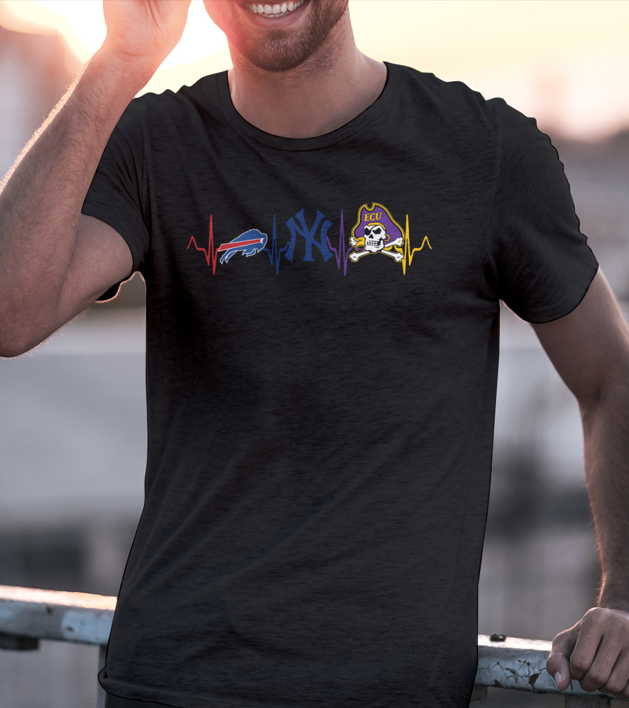 Love Buffalo Bills New York Yankees Ecu Pirates Heartbeat T-Shirt