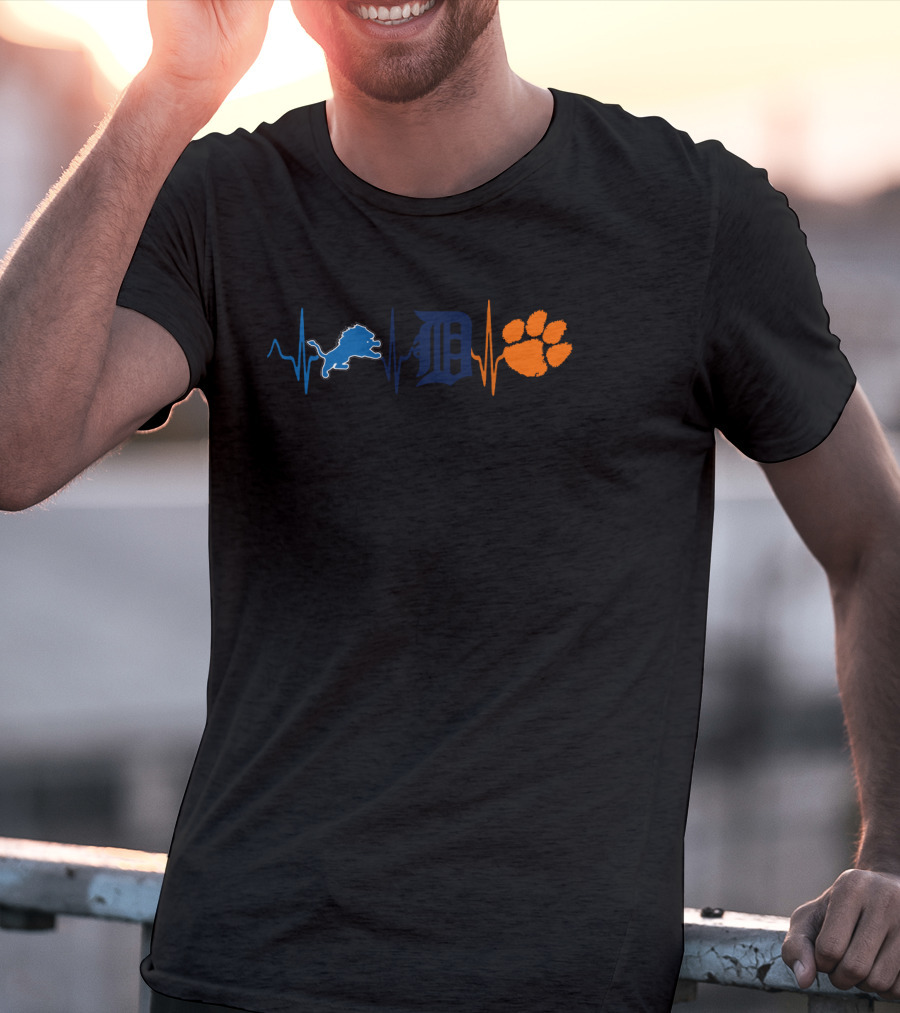 Detroit Lions Tigers Clemson Tigers Heartbeat Love Lions Tigers With Ct T-Shirt