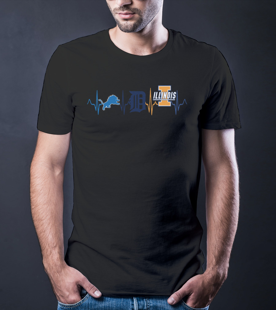 Detroit Lions Detroit Tigers Illinois Fighting Illini Heartbeat T-Shirt
