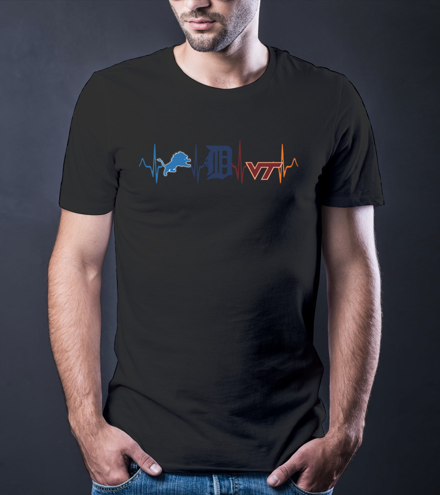 Detroit Lions Detroit Tigers Virginia Tech Vth Heartbeat T-Shirt