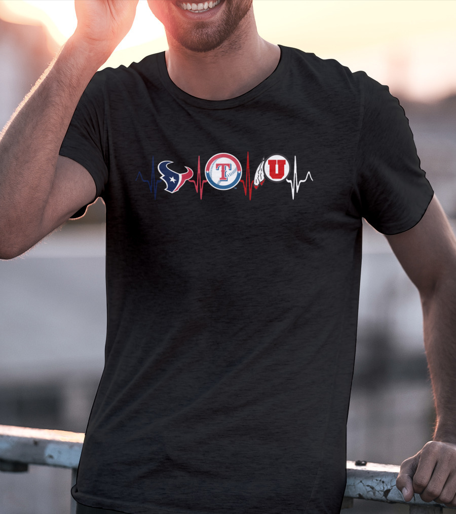 Houston Texans And Texas Rangers With Utah Utes Heartbeat T-Shirt