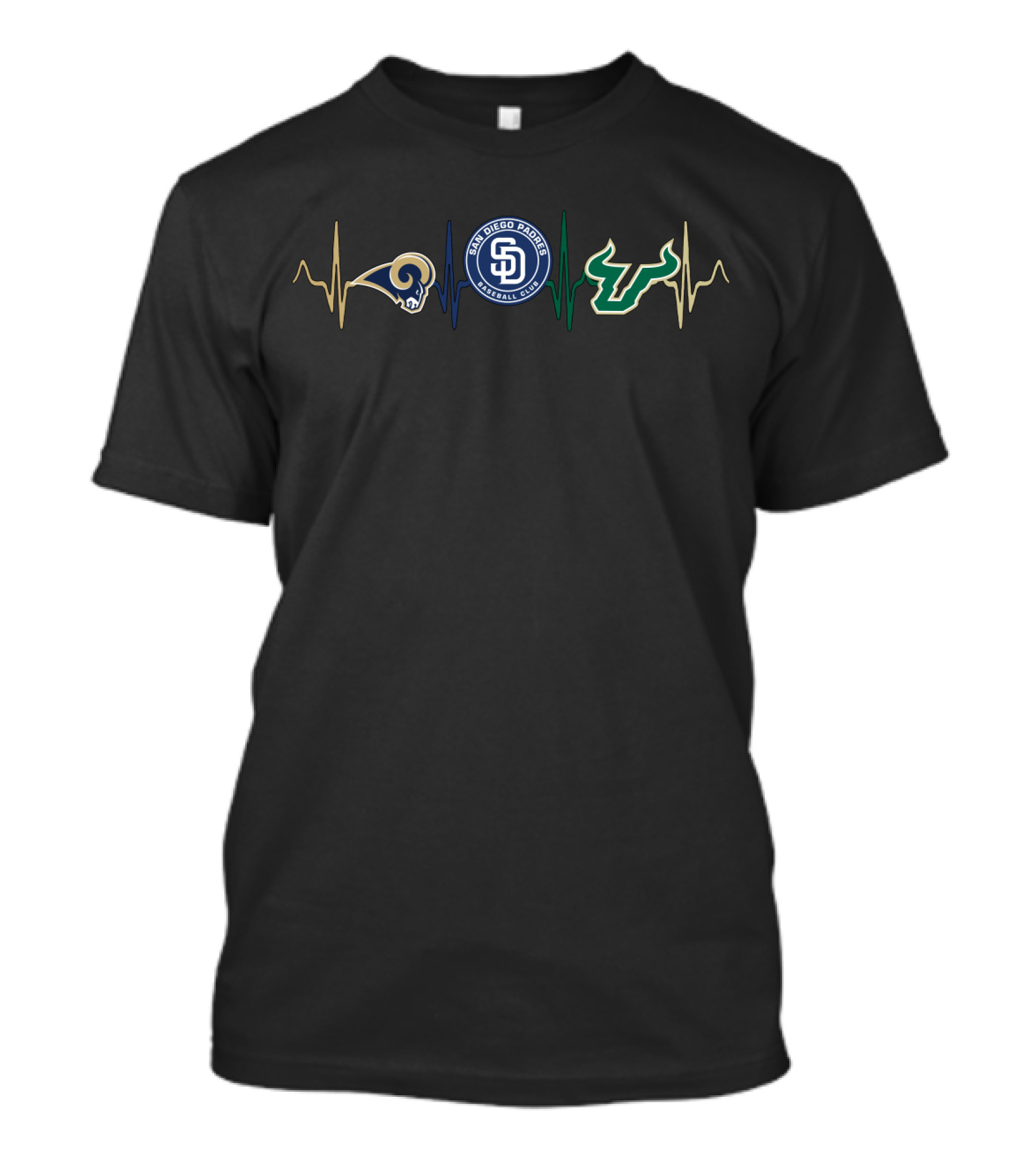 Love Rams San Diego Padres South Florida Bulls Heartbeat T-Shirt