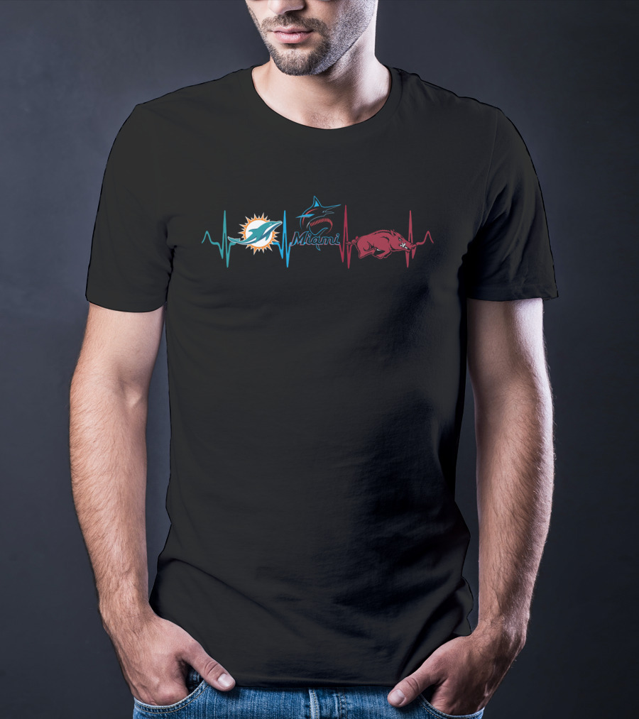 Miami Dolphins Miami Marlins Arkansas Razorbacks Heartbeat T-Shirt