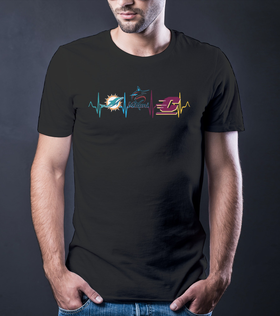 Miami Dolphins Miami Marlins Central Michigan Chippewas Heartbeat T-Shirt